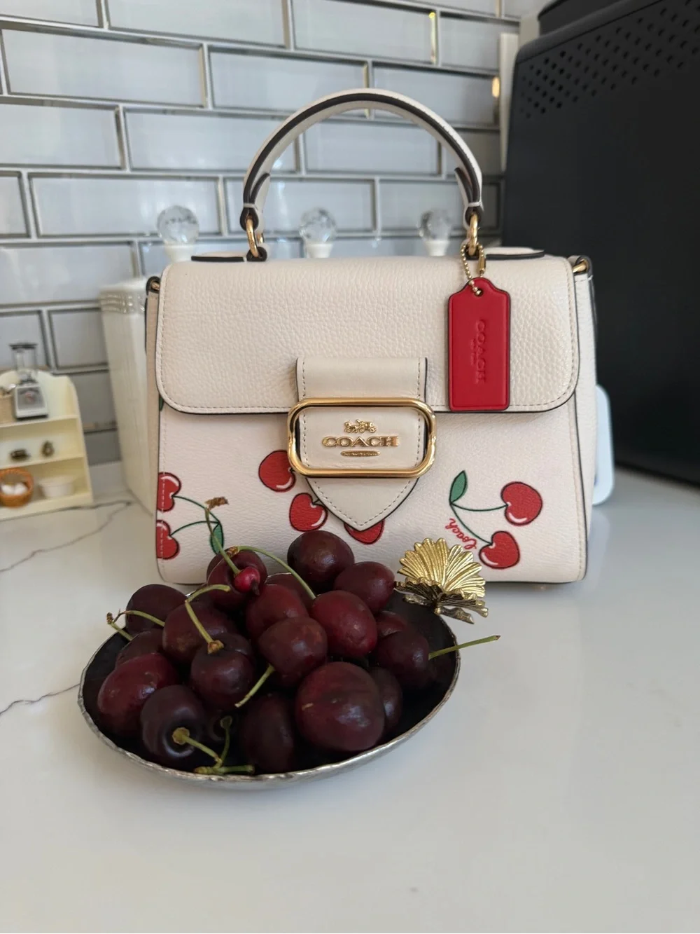 Coach White Leather Top Handle Bag with Cherry Print